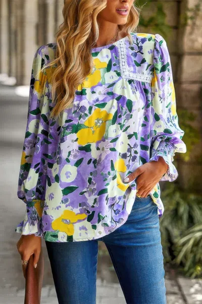 Fashnzfab Floral Contrast Lace Trim Split Top