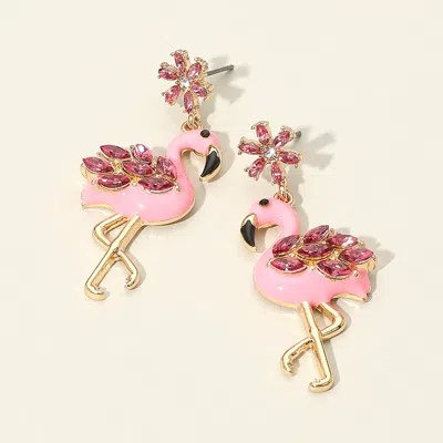 Fashnzfab Floral Crystal Embellished Enamel Flamingo Dangle Earrings In Pink