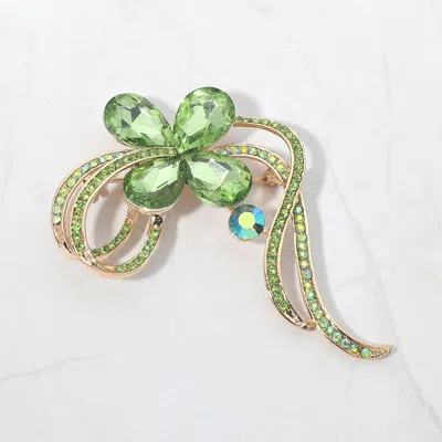Fashnzfab Floral Crystal Pin Brooch In Green