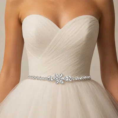Fashnzfab Floral Crystal Sash Ribbon Bridal Wedding Belt Headband In White