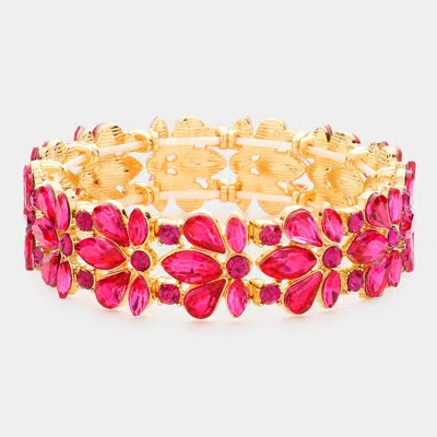Fashnzfab Floral Crystal Stretch Evening Bracelet Fuchsia In Pink