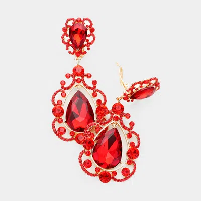 Fashnzfab Floral Crystal Teardrop Clip On Evening Earrings In Red