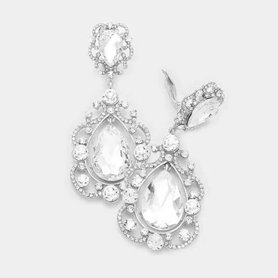 Fashnzfab Floral Crystal Teardrop Clip On Evening Earrings In Silver