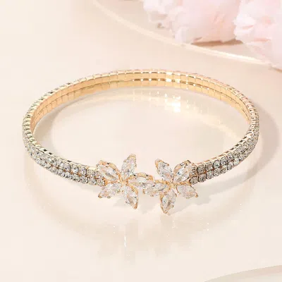 Fashnzfab Floral Cz Stone Accent Evening Cuff Bracelet Clear, Gold In Multi