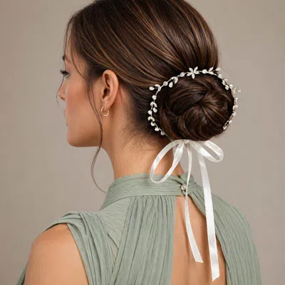 Fashnzfab Floral Cz Stone Cluster Accent Vine Bun Wrap Headpiece In White