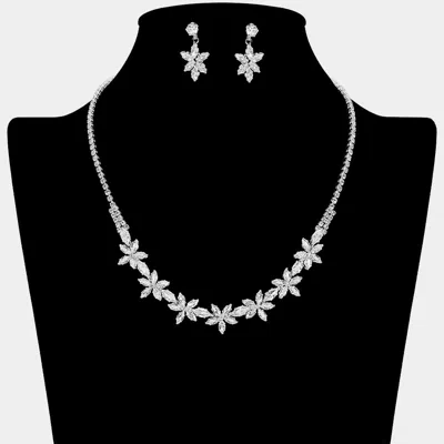 Fashnzfab Floral Cz Stone Cluster Link Rhinestone Paved Necklace In Silver