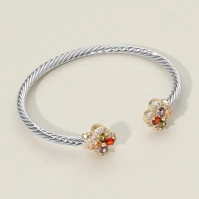 Fashnzfab Floral Cz Stone Tip Two Tone Twisted Cuff Bracelet - Multi, Two Tone In Red