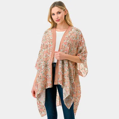 Fashnzfab Floral Damask Print Kimono Poncho In Pink