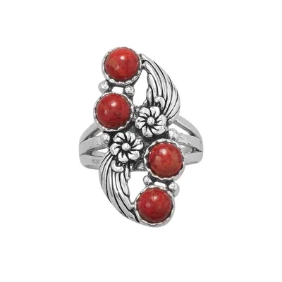 Fashnzfab Floral Design Dyed Red Coral Ring In Gray