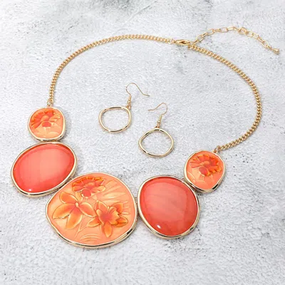 Fashnzfab Floral Embossed Geometric Enamel Plate Link Statement Necklace - Gold, Orange In Multi