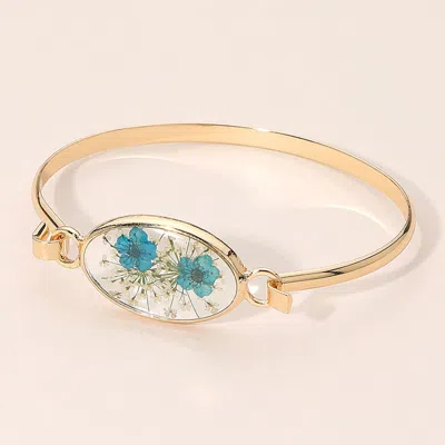 Fashnzfab Floral Encased Oval Accent Bangle Bracelet - Blue, Gold In Multi