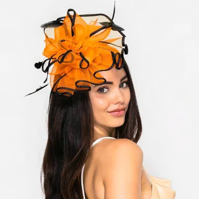 Fashnzfab Floral Feather Mesh Top Statement Fascinator Hair Clip Headband In Orange