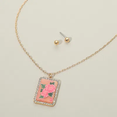 Fashnzfab Floral Frame Pendant Necklace In Pink
