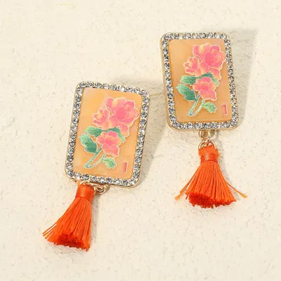 Fashnzfab Floral Frame Tassel Drop Earrings In Orange