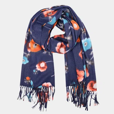 Fashnzfab Floral Fringe Scarf In Blue