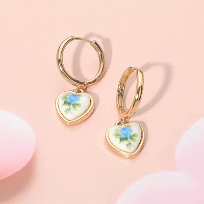 Fashnzfab Floral Heart Ceramic Charm Dangle Bow Earrings - Blue, Gold