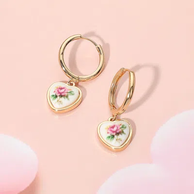 Fashnzfab Floral Heart Ceramic Charm Dangle Bow Earrings - Gold, Pink