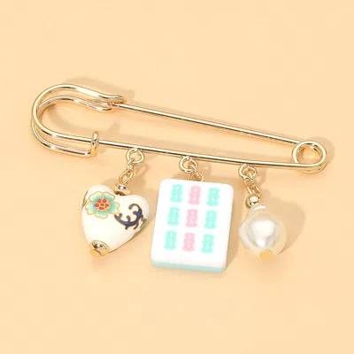 Fashnzfab Floral Heart Mahjong Tile Pearl Charm Drop Safety Pin Brooch In Transparent
