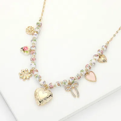 Fashnzfab Floral Heart Pearl Heart Locket Charm Station Necklace In Gold
