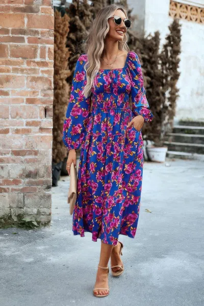 Fashnzfab Floral High Elastic Waist Square Neck Pocket Dress In Blue