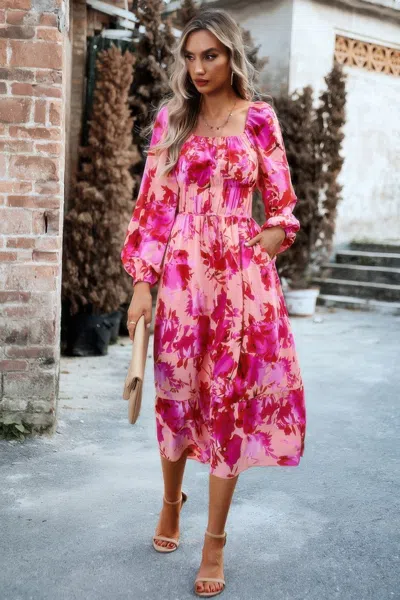 Fashnzfab Floral High Elastic Waist Square Neck Pocket Dress