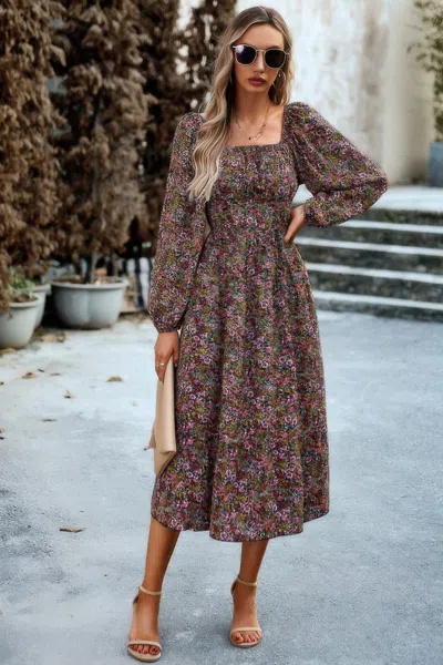 Fashnzfab Floral High Elastic Waist Square Neck Pocket Dress