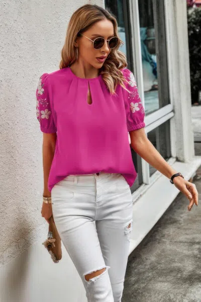 Fashnzfab Floral Keyhole Neckline Loose Puff Sleeve Blouse In Pink