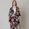 Fashnzfab Floral Kimono Poncho With Fringe In Multi