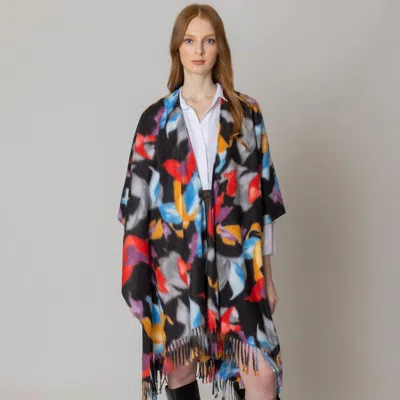 Fashnzfab Floral Kimono Poncho With Fringe In Multi