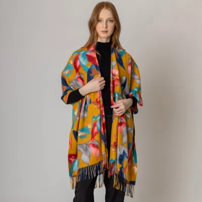 Fashnzfab Floral Kimono Poncho With Fringe In Yellow