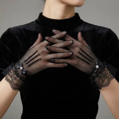 Fashnzfab Floral Lace Cuff Bow Accent Mesh Wedding Gloves In Black