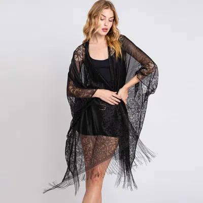 Fashnzfab Floral Lace Kimono With Tassel Poncho In Black