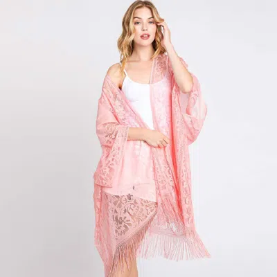 Fashnzfab Floral Lace Kimono With Tassel Poncho In Pink