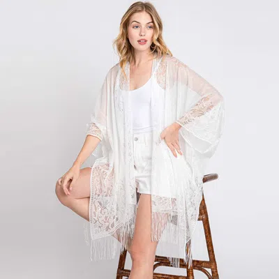 Fashnzfab Floral Lace Kimono With Tassel Poncho In White