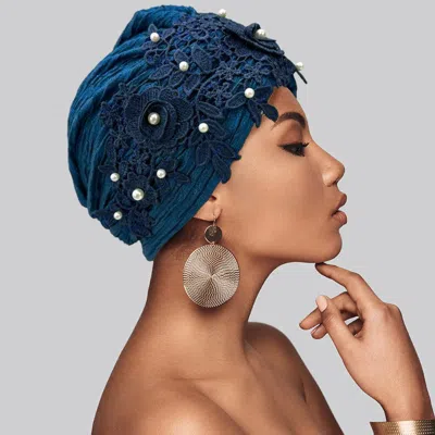 Fashnzfab Floral Lace Pearl Embellished Turban Hair Wrap In Blue