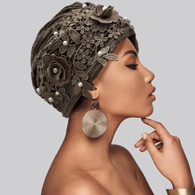 Fashnzfab Floral Lace Pearl Embellished Turban Hair Wrap In Brown
