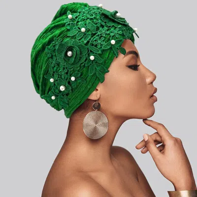 Fashnzfab Floral Lace Pearl Embellished Turban Hair Wrap In Green