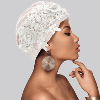 Fashnzfab Floral Lace Pearl Embellished Turban Hair Wrap In White