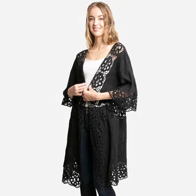 Fashnzfab Floral Lace Trimmed Cover Up Kimono Poncho In Black