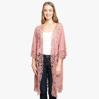Fashnzfab Floral Lace Trimmed Cover Up Kimono Poncho In Pink