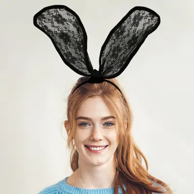 Fashnzfab Floral Laced Bunny Ears Headband In Black