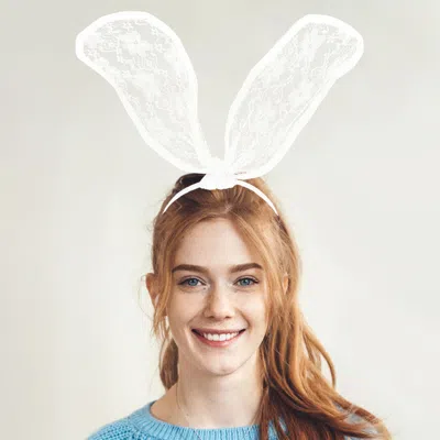 Fashnzfab Floral Laced Bunny Ears Headband In White