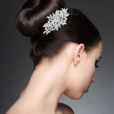 Fashnzfab Floral Leaf Design Rhinestone Paved Hair Comb In White