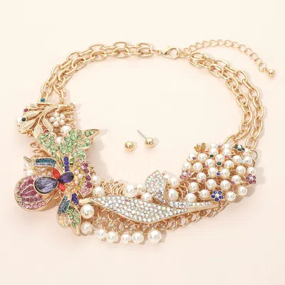 Fashnzfab Floral Leaf Motif Rhinestone Pearl Embellished Statement Necklace In Gold