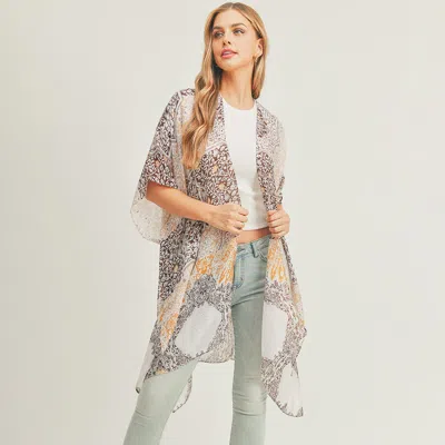 Fashnzfab Floral Leaf Patterned Cover Up Kimono Poncho In Gray