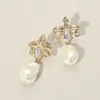 Fashnzfab Floral Leaf Pearl Drop Dangle Earrings In Gold