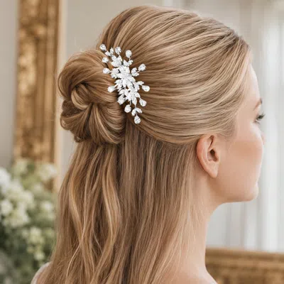 Fashnzfab Floral Leaf Vine Cz Cluster Embellished Hair Comb In Silver