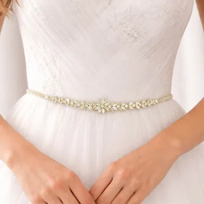 Fashnzfab Floral Marquise Cz Stone Cluster Sash Ribbon Bridal Wedding Belt Headband In Gold