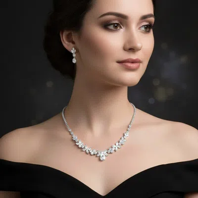 Fashnzfab Floral Marquise Round Cz Embellished Necklace In Metallic