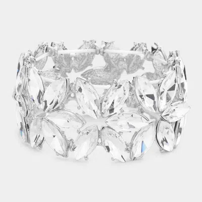 Fashnzfab Floral Marquise Stone Cluster Stretch Evening Bracelet Silver